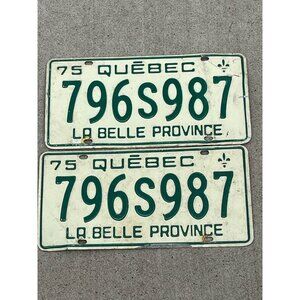 Pair of 1975 Quebec License Plates 796S987 LA BELLE PROVINCE Cream and Green